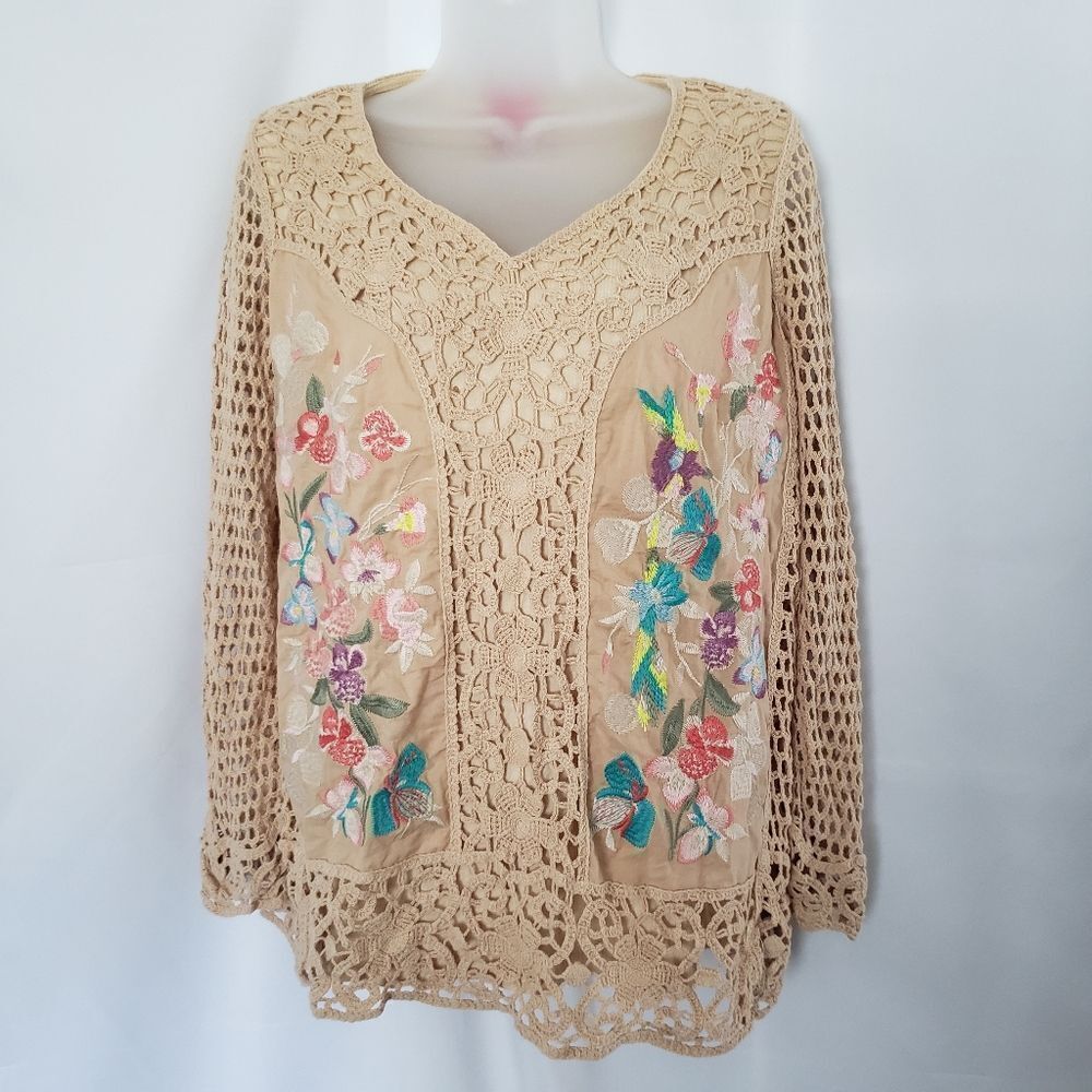V‎ Cristina Crocheted Embroidered Long Sleeve Boho Top